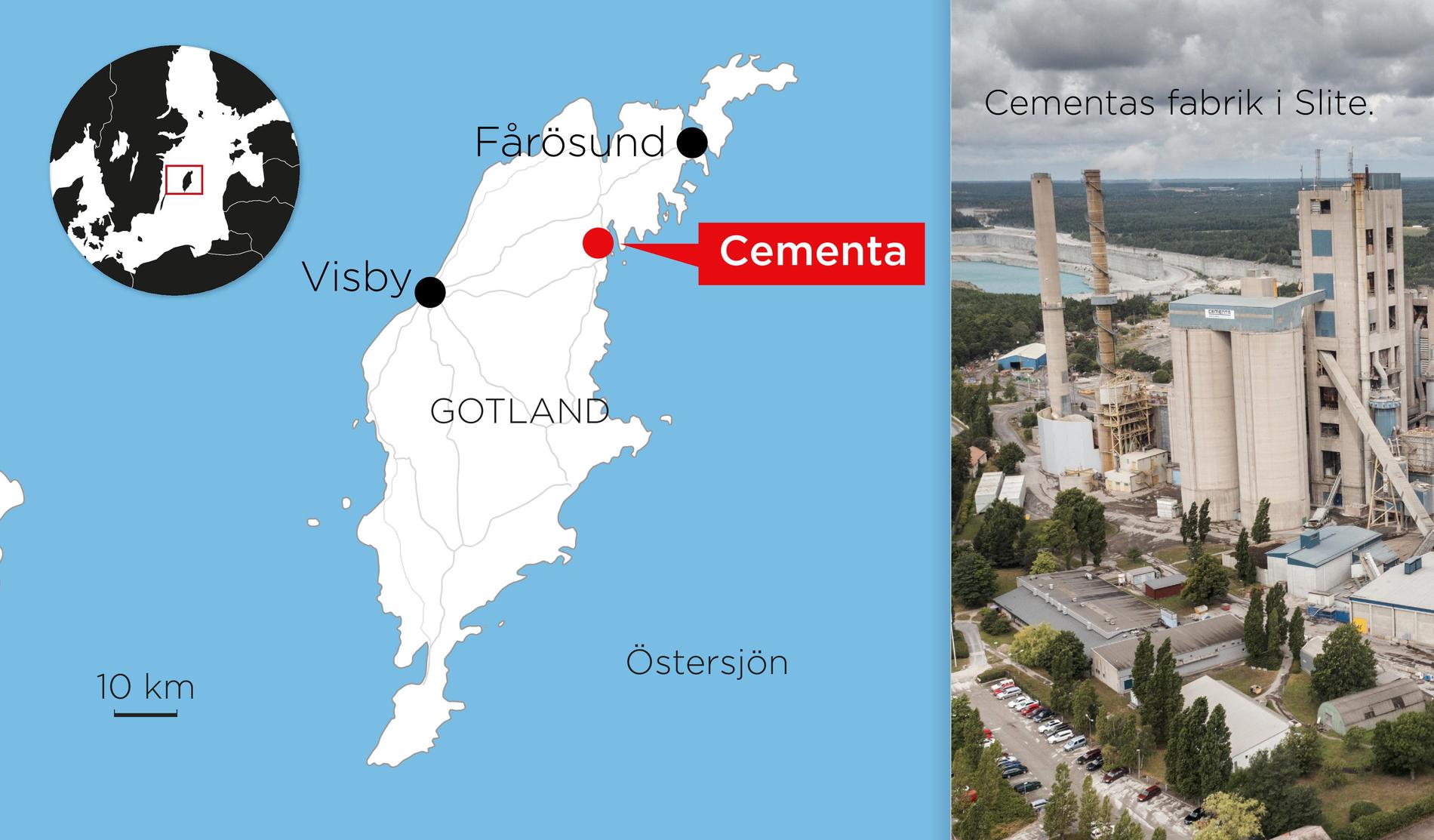 Kartan visar var Cementas anläggning på Gotland ligger.
