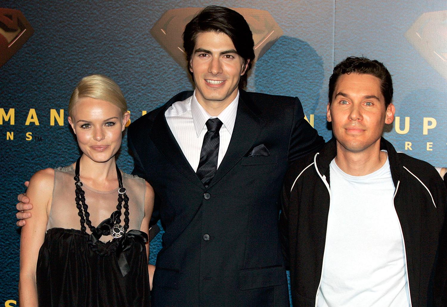 Kate Bosworth och Brandon Routh med regissören Bryan Singer under en presskonferens om filmen ”Superman returns” 2006.