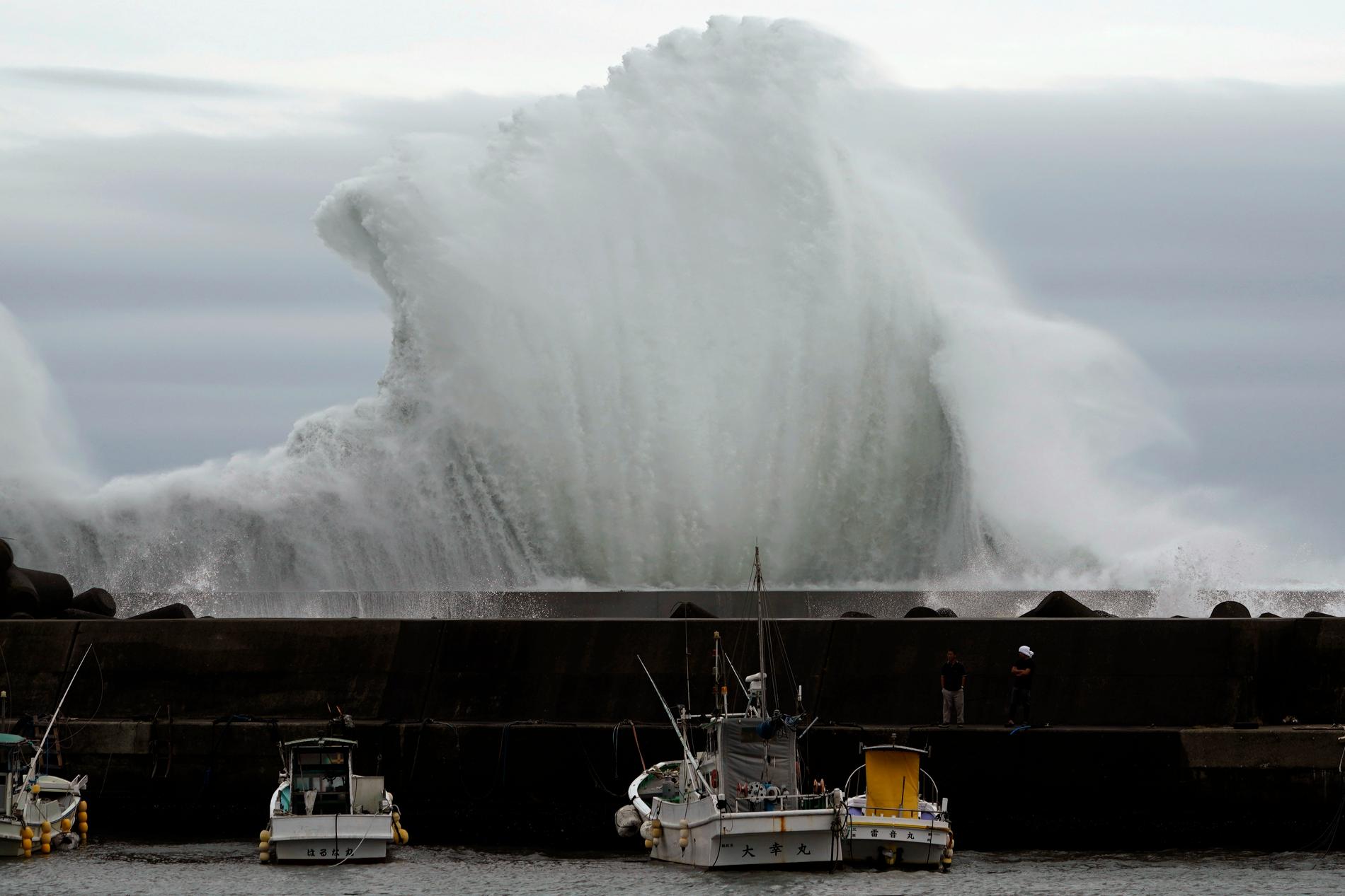 Vågor slår in mot hamnen i Kiho i Japan på fredagen.
