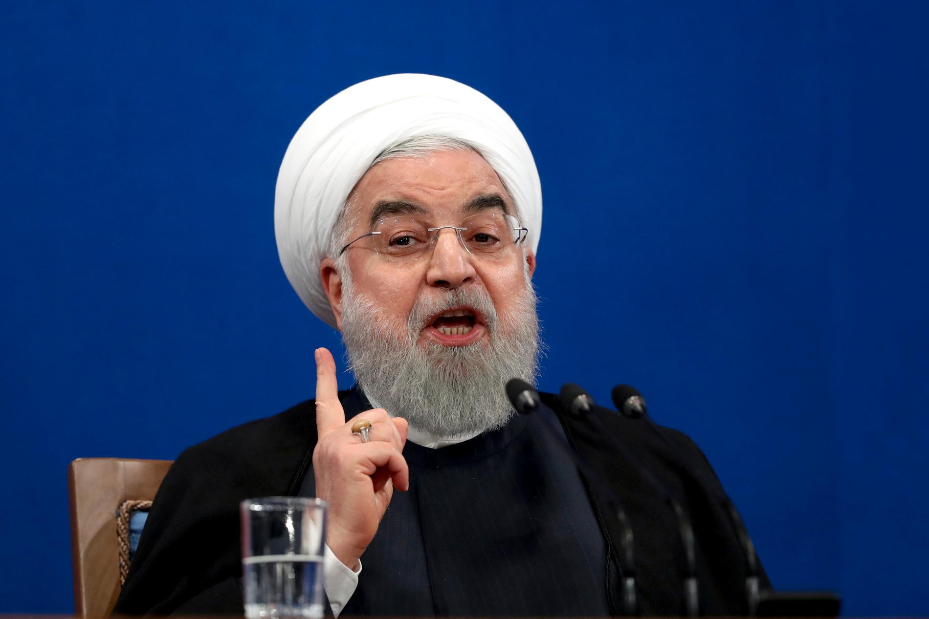 Irans president Hassan Rohani under en presskonferens i Teheran. Arkivbild.