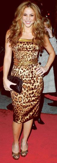 Sångerskan Shakira visar sina kurvor i leopardmönstrad klänning med guldskärp.