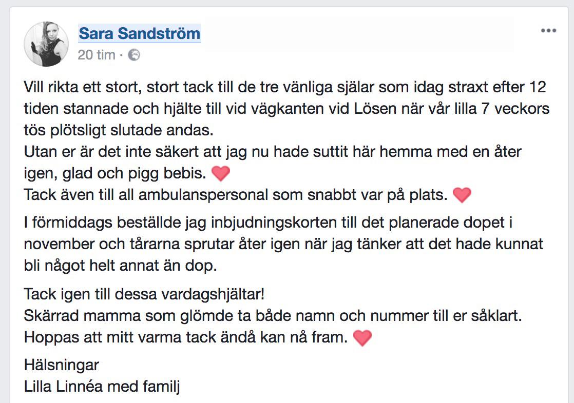Inlägget från mamma Sara där hon tackar dotterns livräddare.