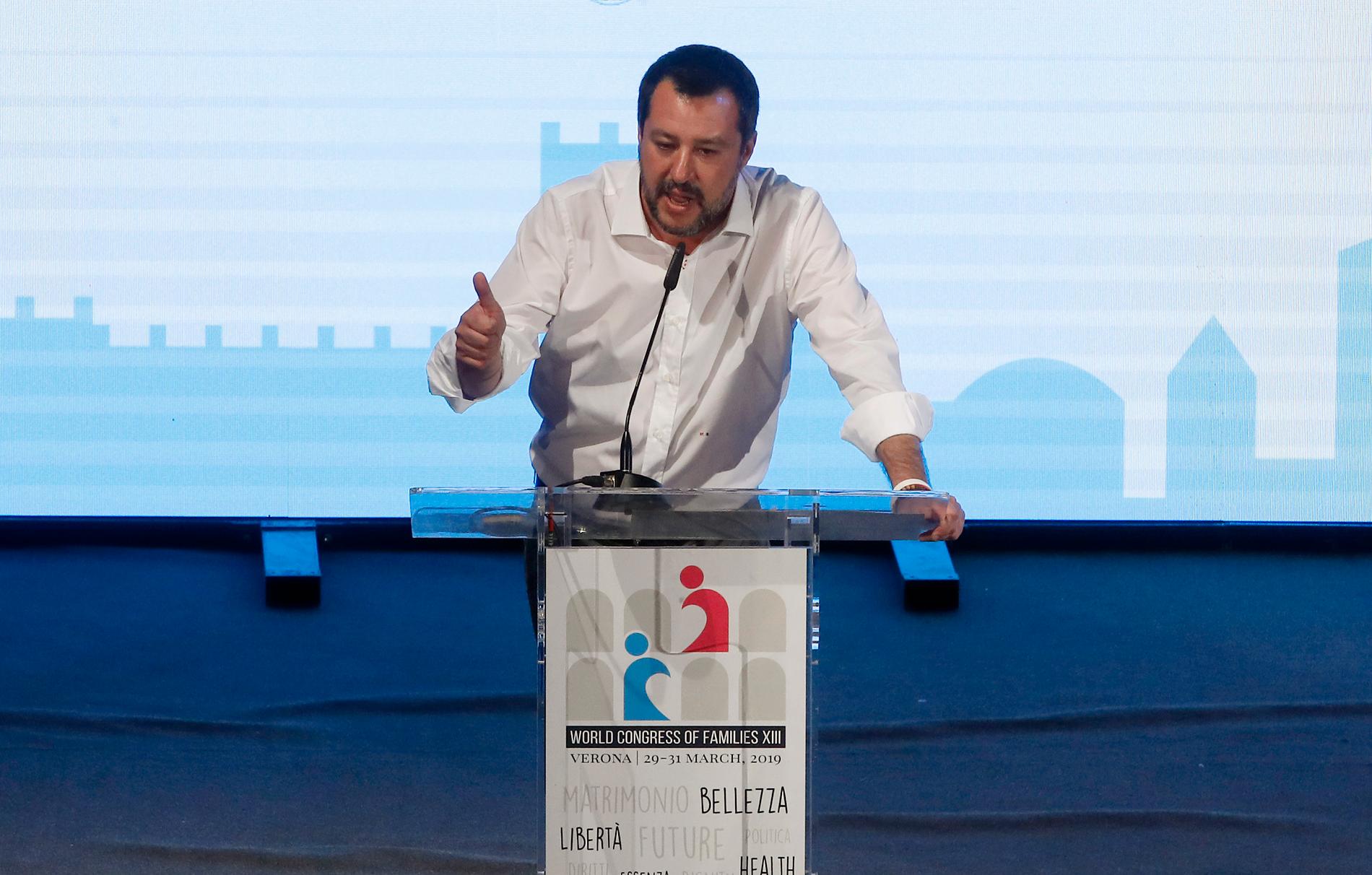 Italiens inrikesminister Matteo Salvini håller tal på en familjekongress i Verona. Arkivfoto.