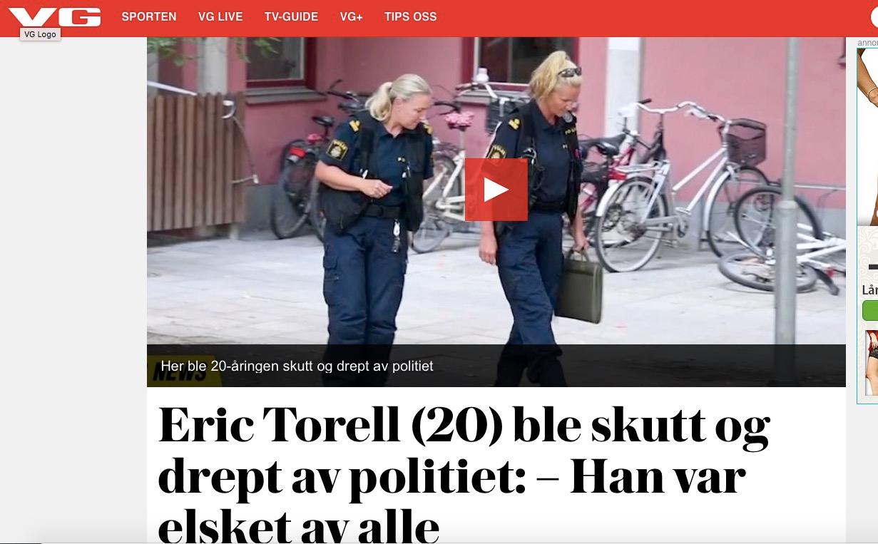Norska Verldens gang rapportering om Eric Torells död.