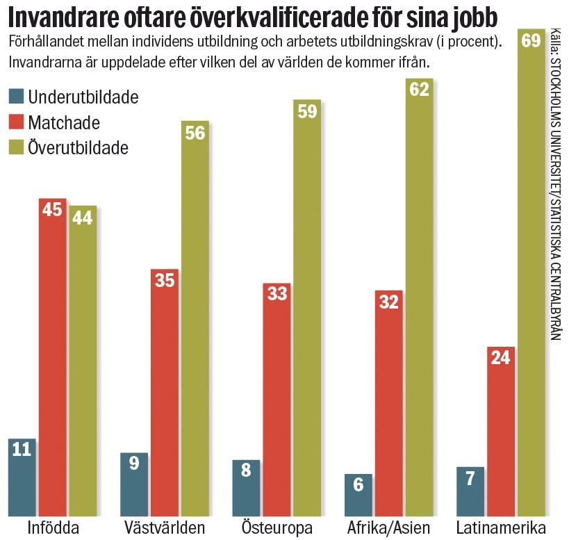En ny undersökning visar att invandrare i Sverige är överkvalificerade för sina jobb i högre utsträckning än infödda svenskar. I snitt 60 procent mot 44 procent matchar inte nivån på sin utbildning.