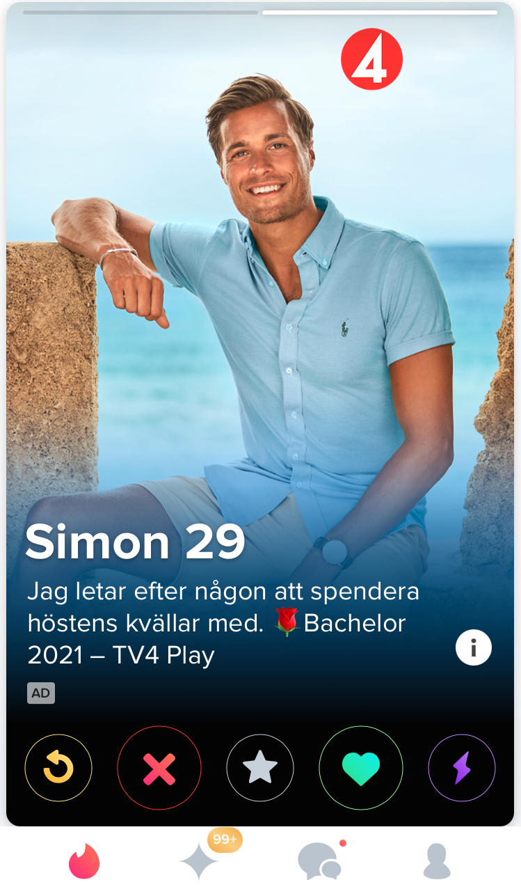 På dejtingappen Tinder dyker ”Bachelor”-deltagaren Simon Lindström upp.