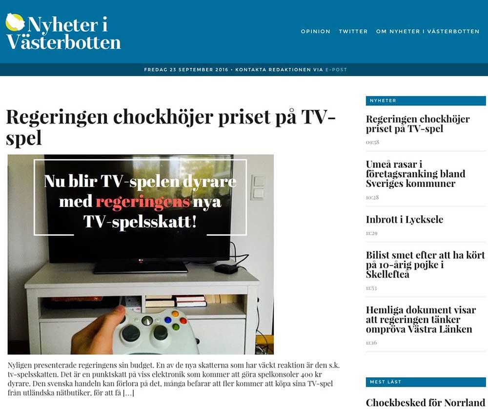 Moderaterna i Västerbottens nystartade sajt ’Nyheter i Västerbotten’.