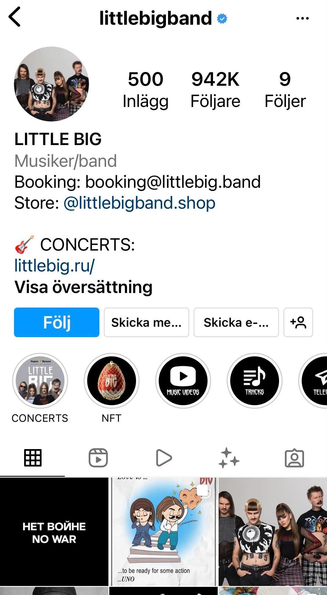 ”No war”-protesten fanns på Little Bigs Instagramkonto även för en vecka sedan, men sedan dess har allt annat innehåll rensats från kontot.