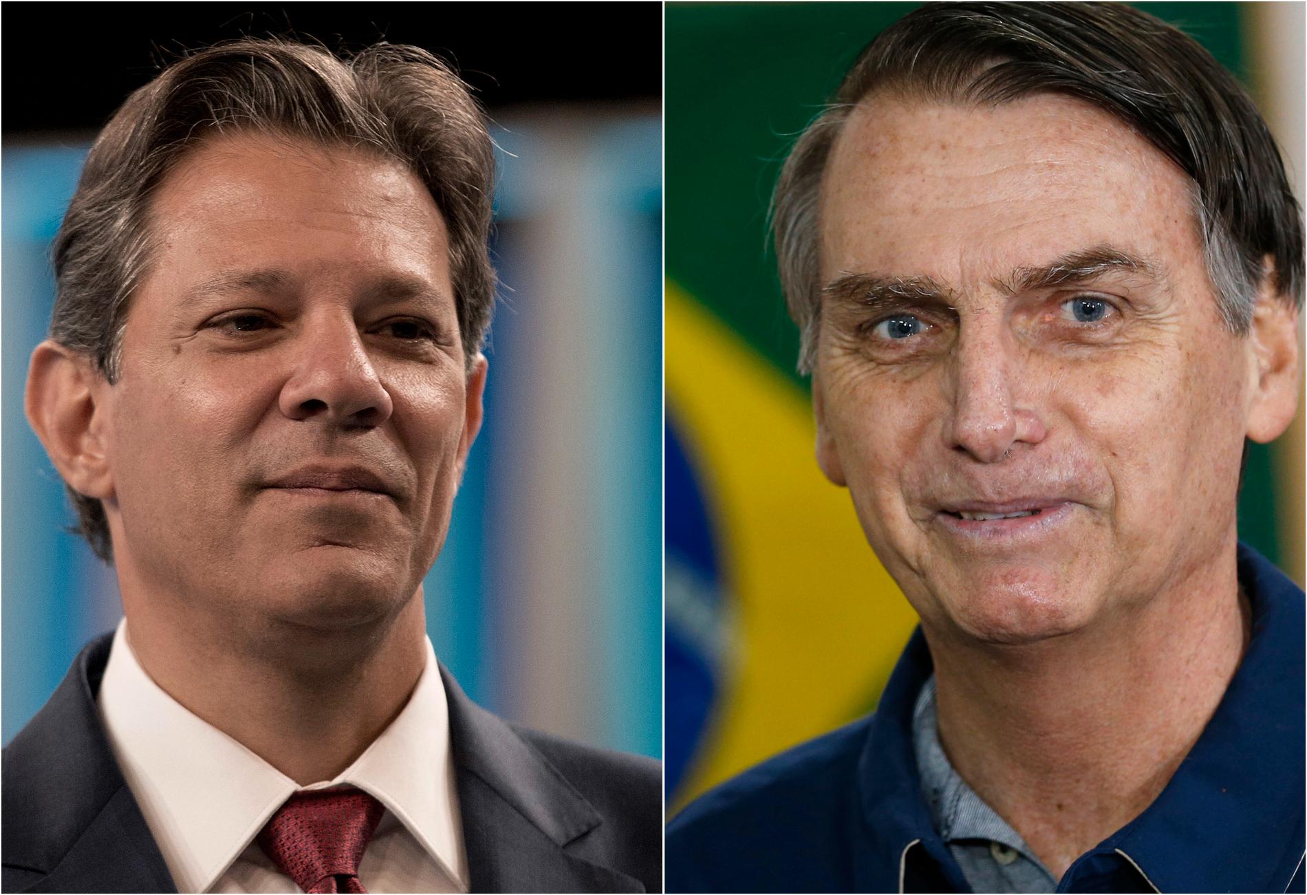 De två kandidaterna som går vidare till den avgörande valomgången: Fernando Haddad och Jair Bolsonaro.