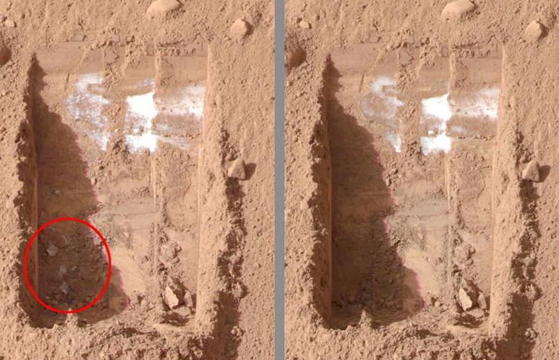 Smälte bort Här har Phoenix grävt fram små kuber (inringat), som på bilden till höger är försvunna. Forskarna tar det som ett bevis på att kuberna var is, som har smält bort i solen.