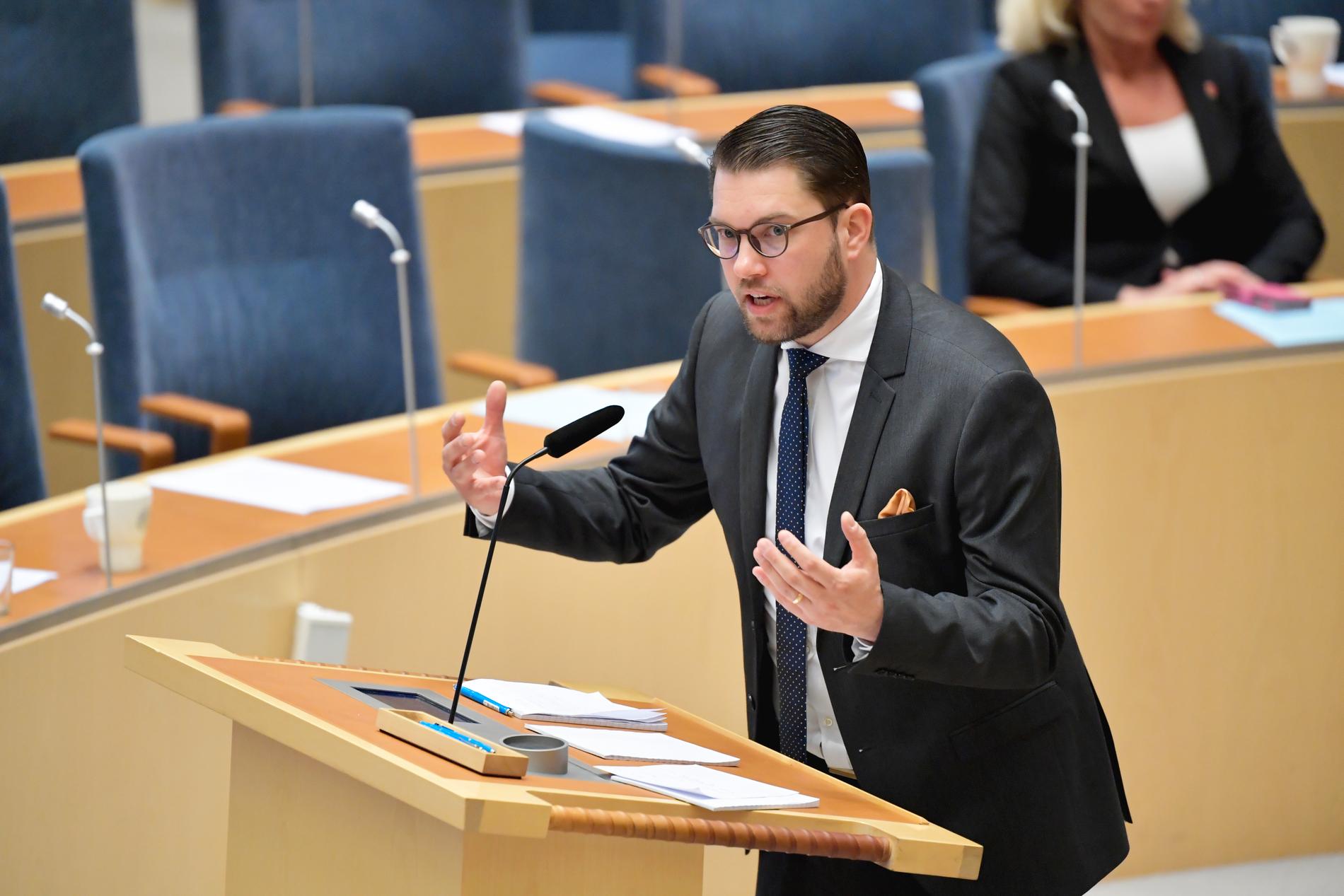Sverigedemokraternas partiledare Jimmie Åkesson (SD) under partiledardebatten med anledning av val till Europaparlamentet.