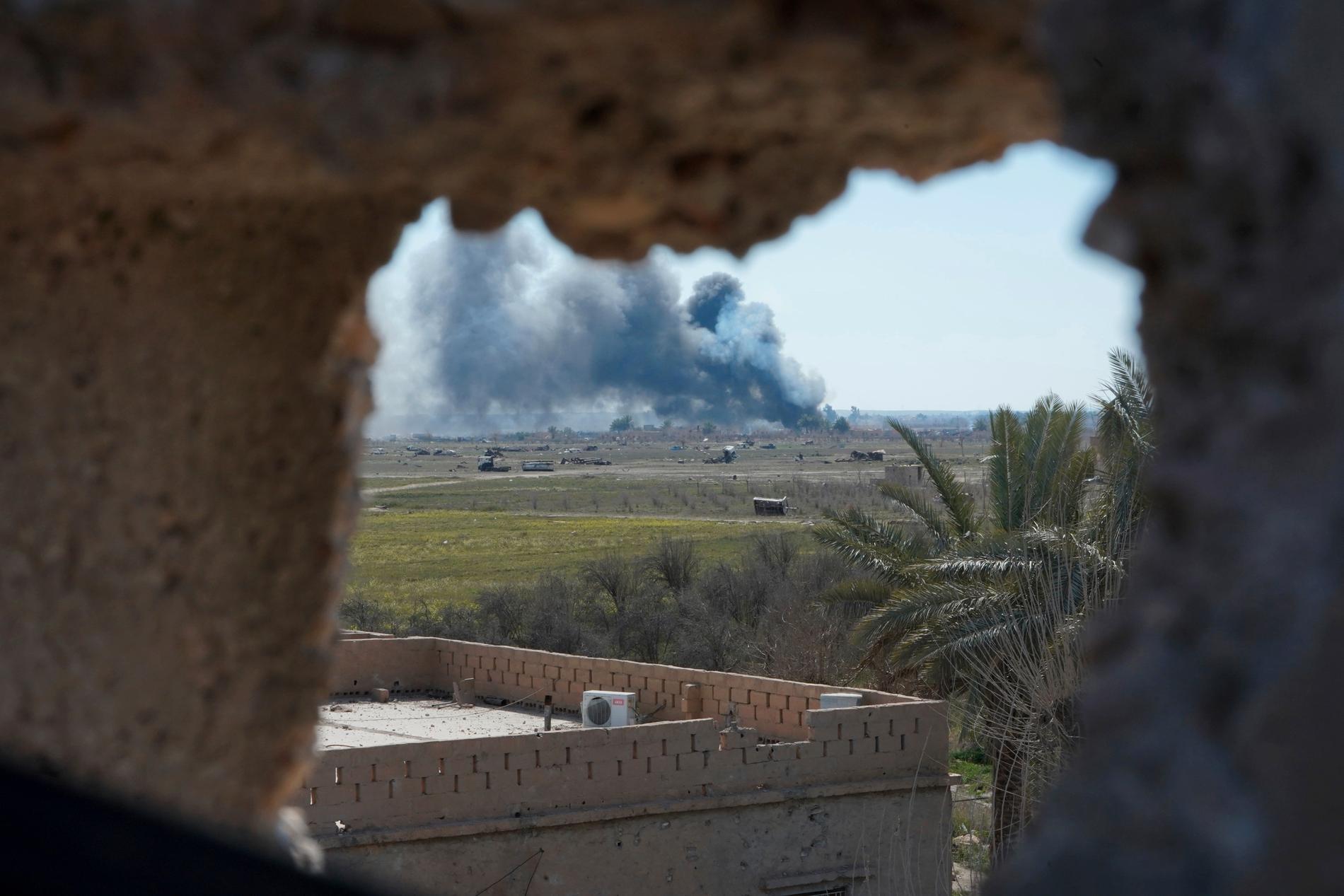 Rökpelare stiger från IS sista fäste i Syrien, Baghouz, som är under kraftigs bombardemang från den USA-stödda kurdarabiska SDF-milisen.