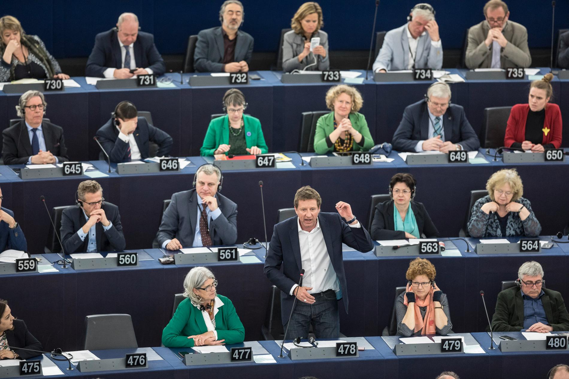 Franske miljöpartisten Yannick Jadot (stående) är en av 41 EU-parlamentsledamöter som utsetts av sina partigrupper för att förhandla om framtida politik. Ingen svensk finns dock med. Arkivfoto.