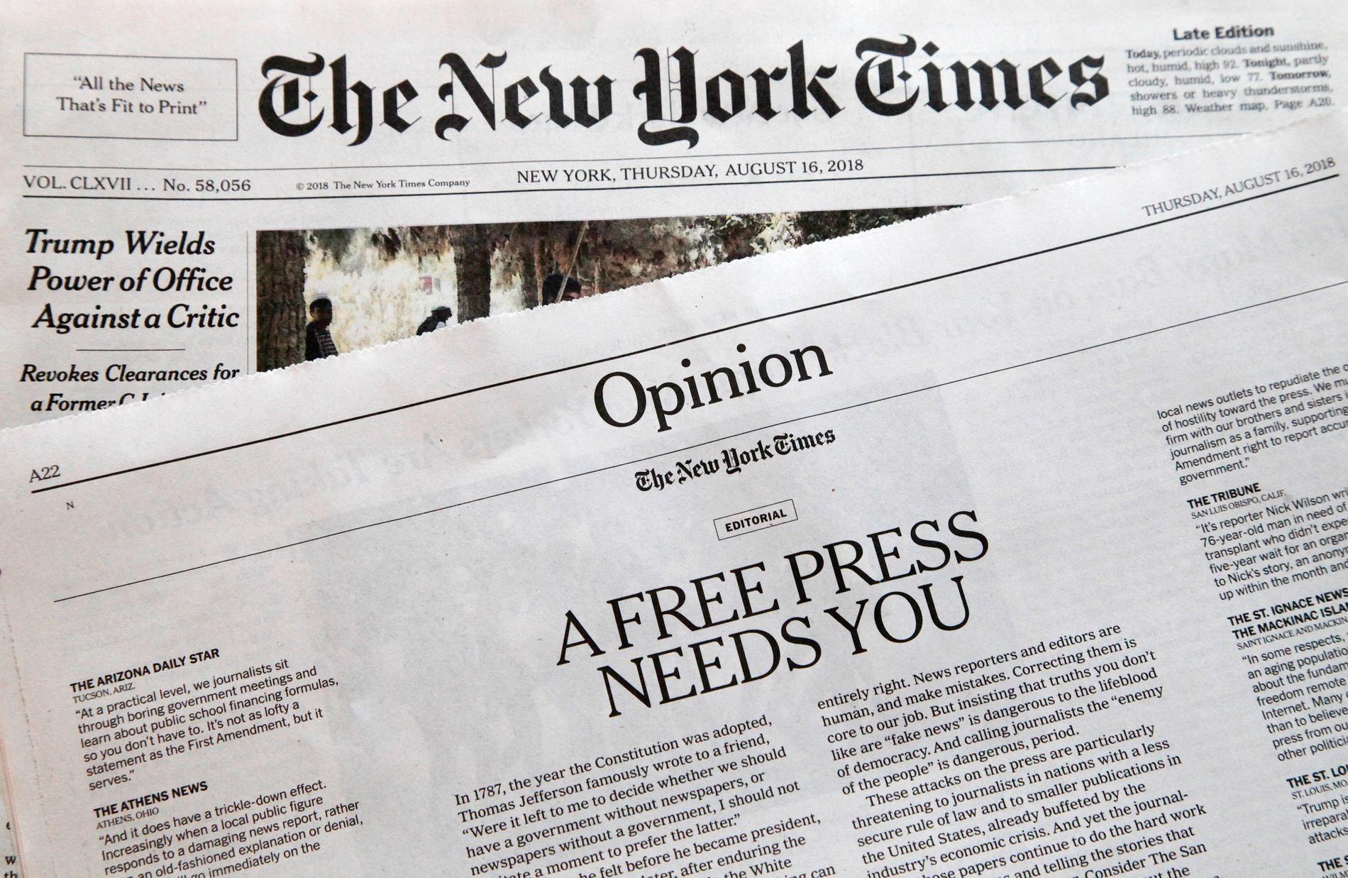 New York Times var en av de cirka 350 medier i USA som den 16 augusti publicerade en text på ledarplats där man kritiserade USA:s president Donald Trumps upprepade tal om "falska nyheter"" och åsikt att medierna är "folkets fiende". Boston Globe var den tidning som initierade protesten. Arkivbild.