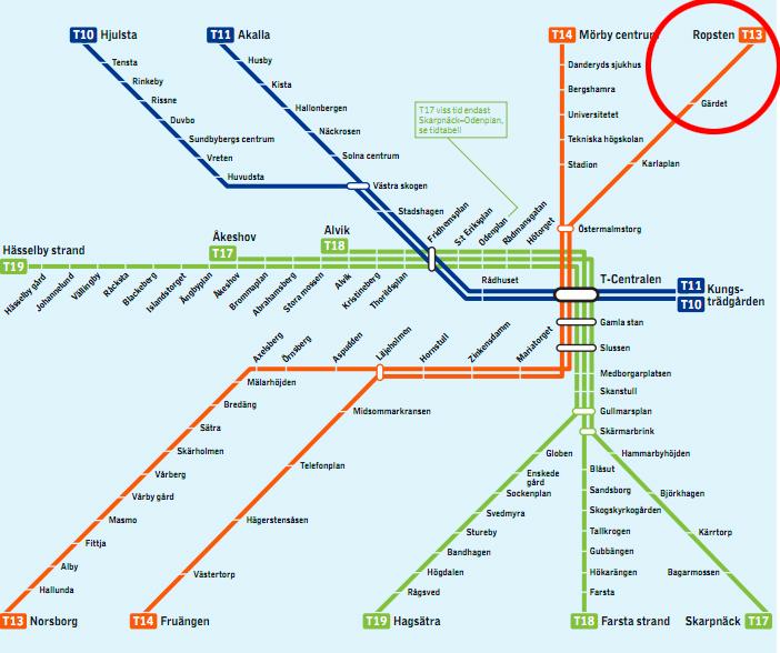 Stockholms tunnelbanesystem. Ropsten i röd ring.