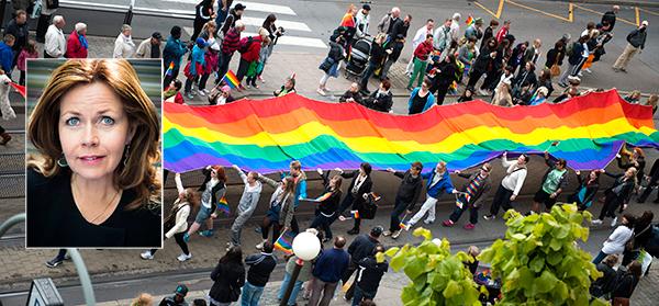 Cecilia Wikström (L): ”Kulturella traditioner som rimmar illa med de mänskliga rättigheterna måste stå tillbaka för individens frihet, oavsett om det handlar om hedersrelaterade mord på homosexuella män i Tjetjenien eller hedersvåld mot kvinnor i Sverige.” (Stora bilden är från en pridemanifestation i Göteborg.)