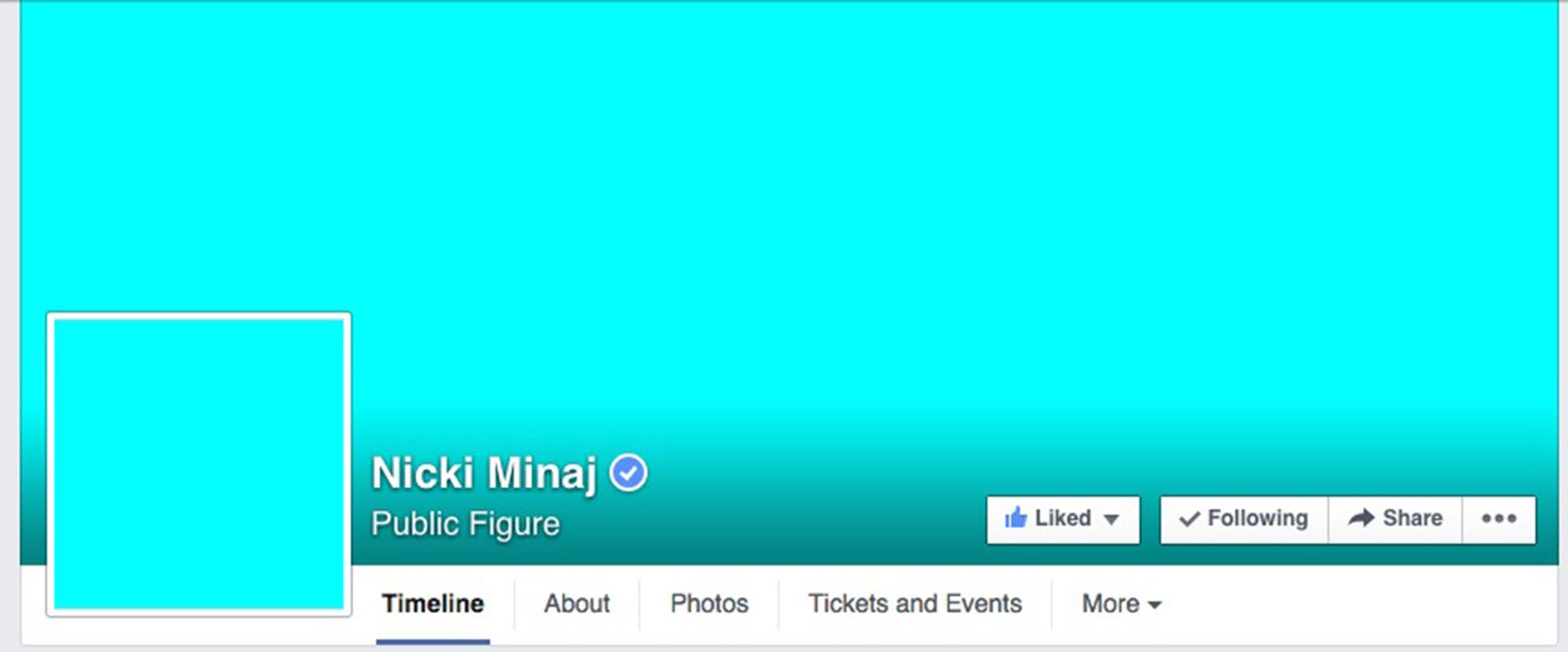 Nicki Minaj gör reklam för den nya musiktjänsten genom att byta både profil- och bakgrundsbild till en turkos platta. Skärmdump från Facebook.