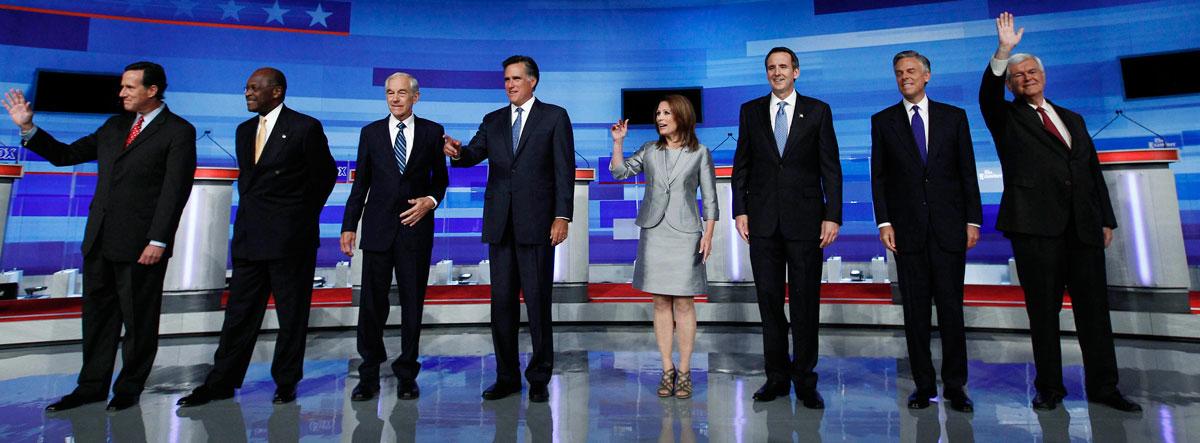 Siktar mot Vita huset Från vänster: Rick Santorum, Herman Cain, Ron Paul, Mitt Romney, Michele Bachmann, Tim Pawlenty, Jon Huntsman och Newt Gingrich.