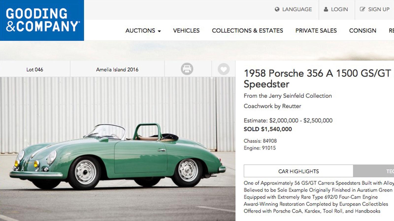 Jerry Seinfelds Porsche på auktionsfirman Goodng & Companys hemsida.