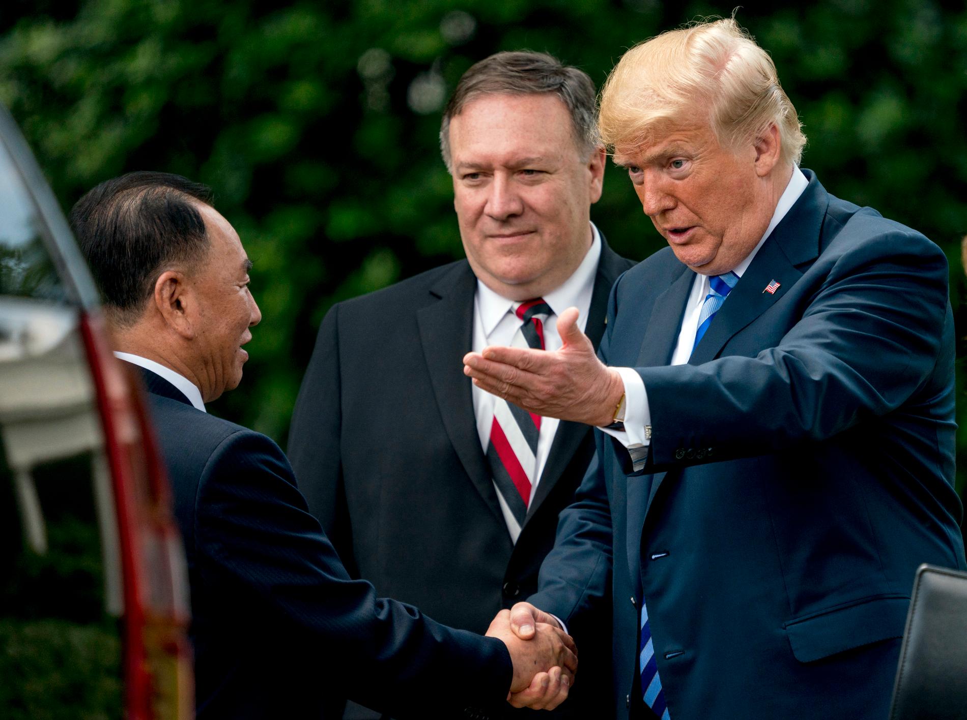 Donald Trump skakar hand med Kim Yong Chol, en av Kim Jong-Uns närmaste medarbetare, efter ett möte i Washgton den 1 juni