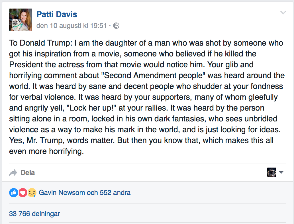 Patti Davis Facebookinlägg har fått stor spridning på några dagar.