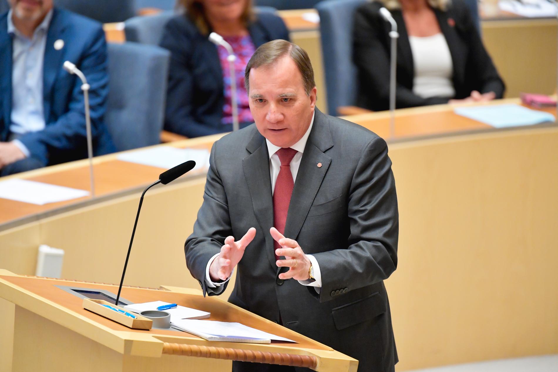 Statsminister Stefan Löfven (S) i partiledardebatten med anledning av val till Europaparlamentet.