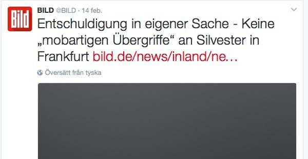 Via sitt twitterkonto bad tidingen Bild-Zeitung om ursäkt för den falska nyhet de spridit.