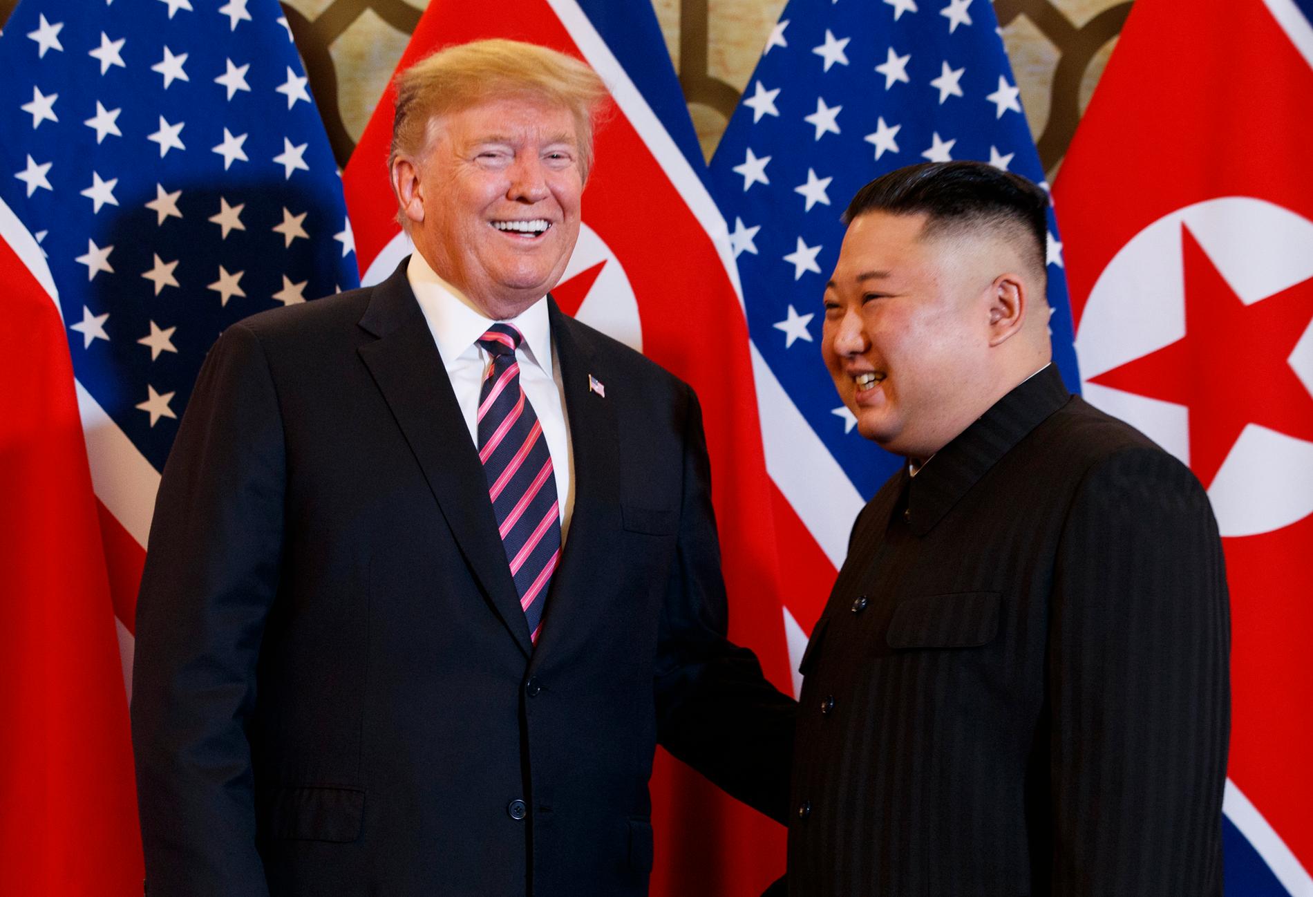 USA:s president Donald Trump under mötet med Nordkoreas ledare Kim Jong-Un i Vietnams huvudstad Hanoi den 27 februari 2019.
