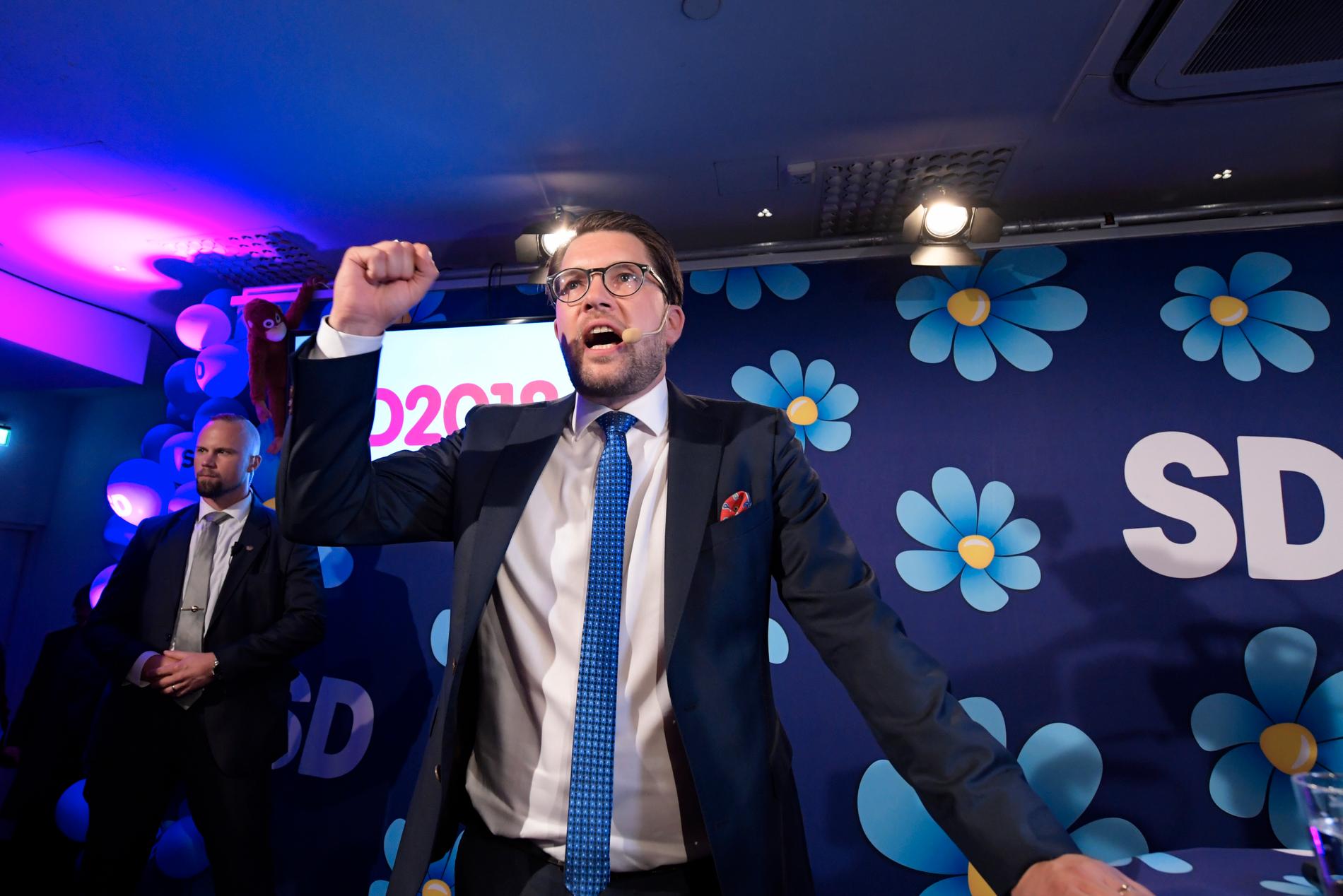 Val 2018: Sverigedemokraternas partiledare Jimmie Åkesson under partiets valvaka i Stockholm.