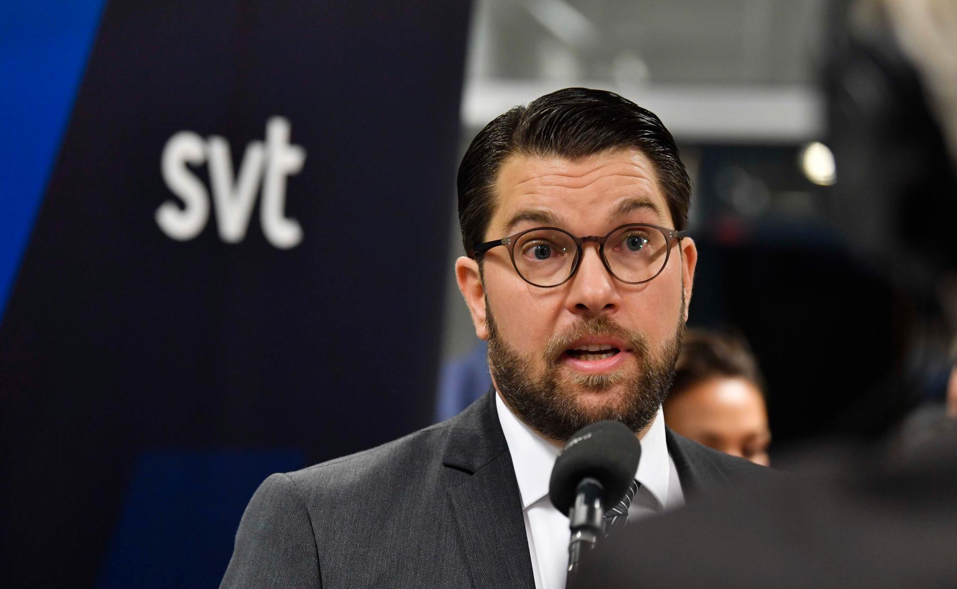 Sverigedemokraternas partiledare Jimmie Åkesson efter partiledardebatten i januari i SVT.