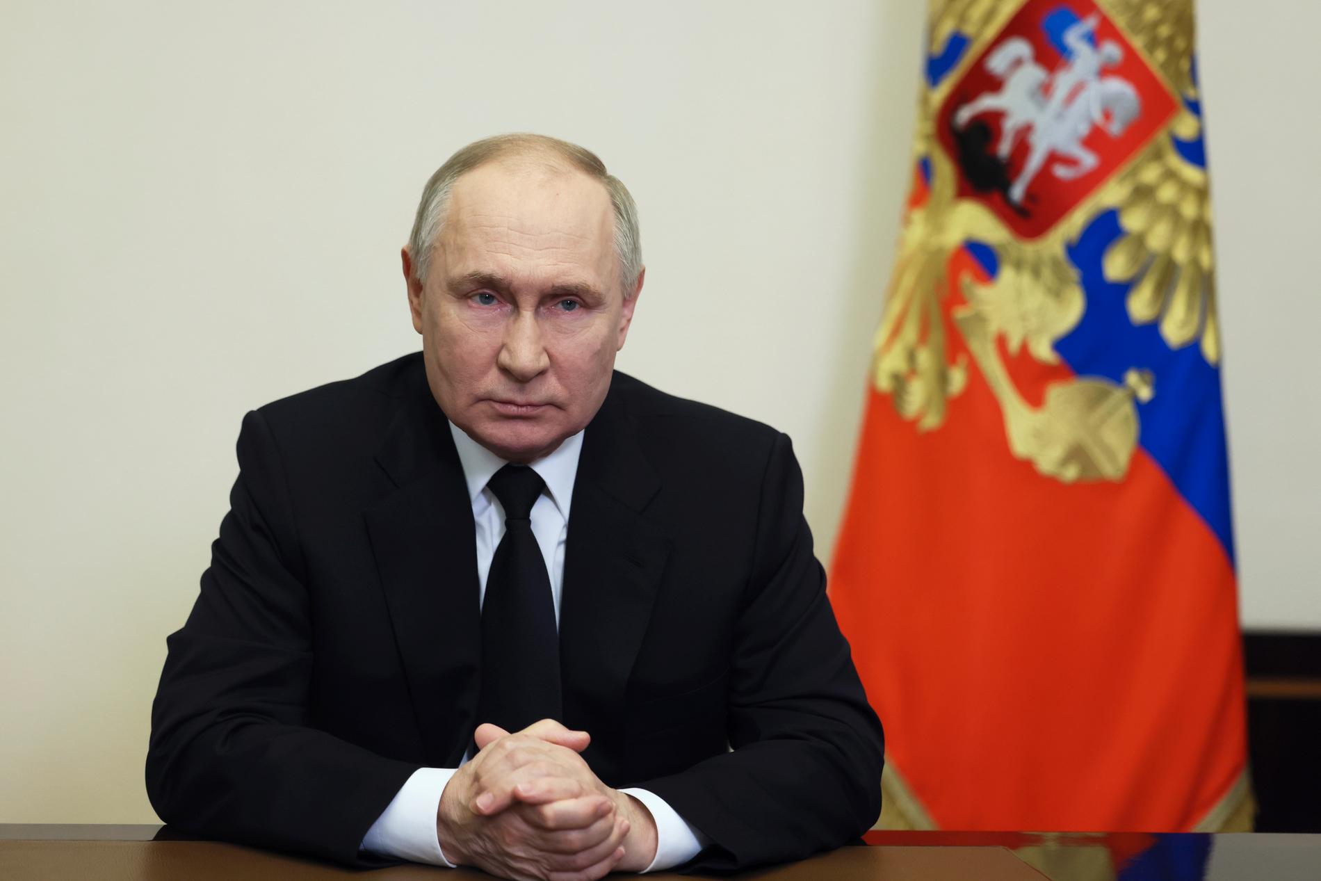 Rysslands president Vladimir Putin under det tv-sända talet på lördagen.