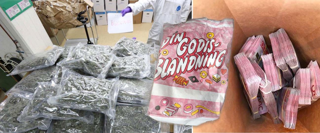 Del av cannabisbeslaget om 388 kilo, de beslagtagna pengarna (550 000 svenska kronor) – och godispåsen de levererades i. 