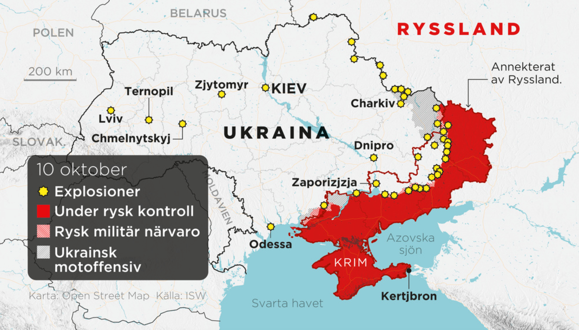Områden under rysk kontroll, områden med rysk militär närvaro, ukrainska motoffensiver samt annekterade områden den 10 oktober.
