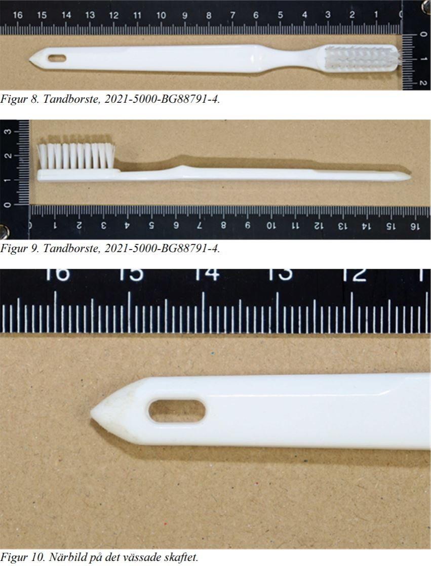 Denna vässade tandborste var ett av de tillhyggen som männen hade beväpnat sig med. Tandborsten hittades i soptunnan i vaktrummet där kriminalvårdarna hölls fångna.