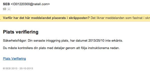Ett bluffmejl som ser ut att komma från SEB har skickats ut till flera svenskar. Nu varnar banken för det falska meddelandet.