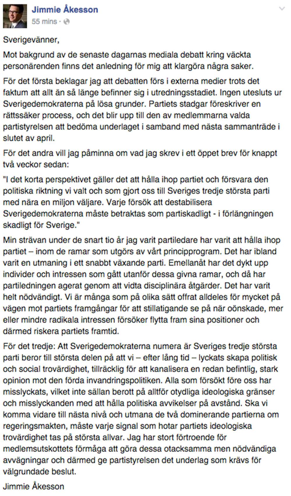 Faksimil från Åkessons Facebook.