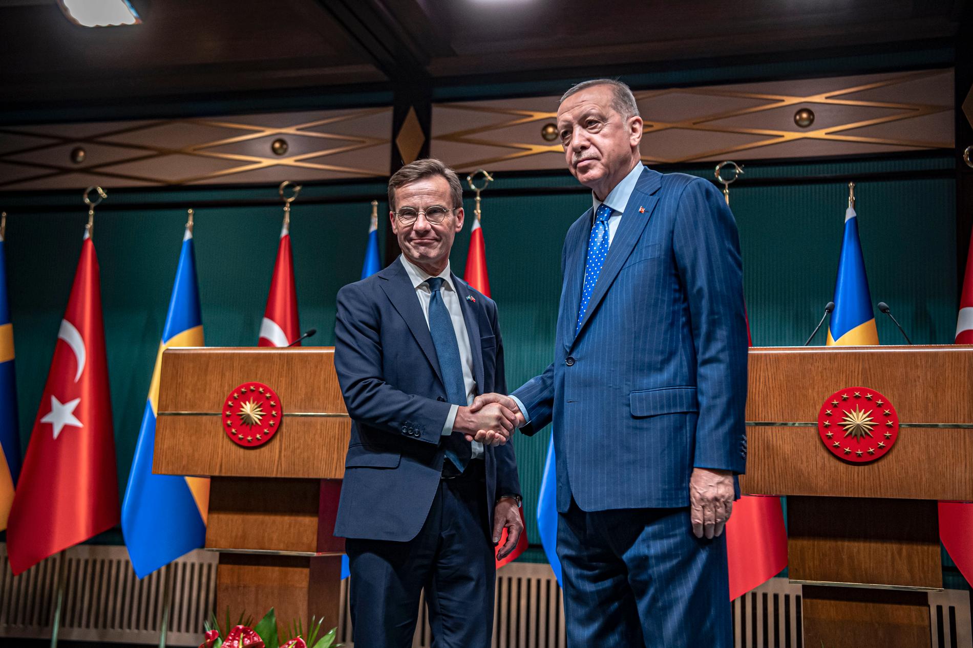 Ulf Kristersson och Recep Tayyip Erdogan under en gemensam presskonferens i november 2022. 