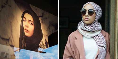 Både Åhléns (t v) och H&M har i höst haft kampanjbilder där kvinnor bär slöja.