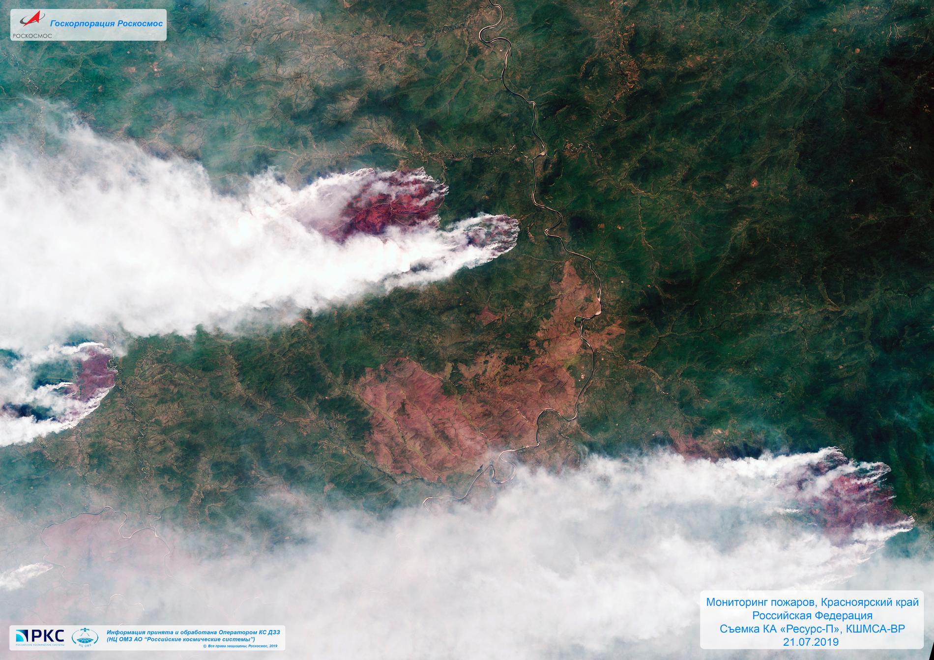 En satellitbild från den ryska rymdmyndigheten Roscosmos visar skogsbränderna i sibiriska Krasnojarsk den 21 juli.