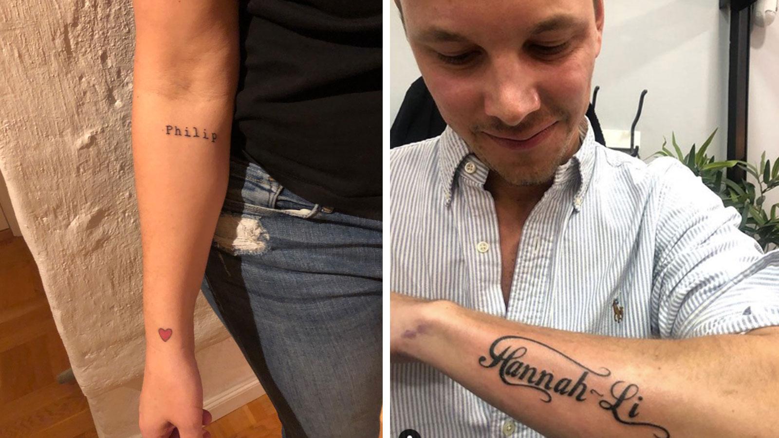 Hannahs tatuering (till vänster) och pojkvännen Philips dito.