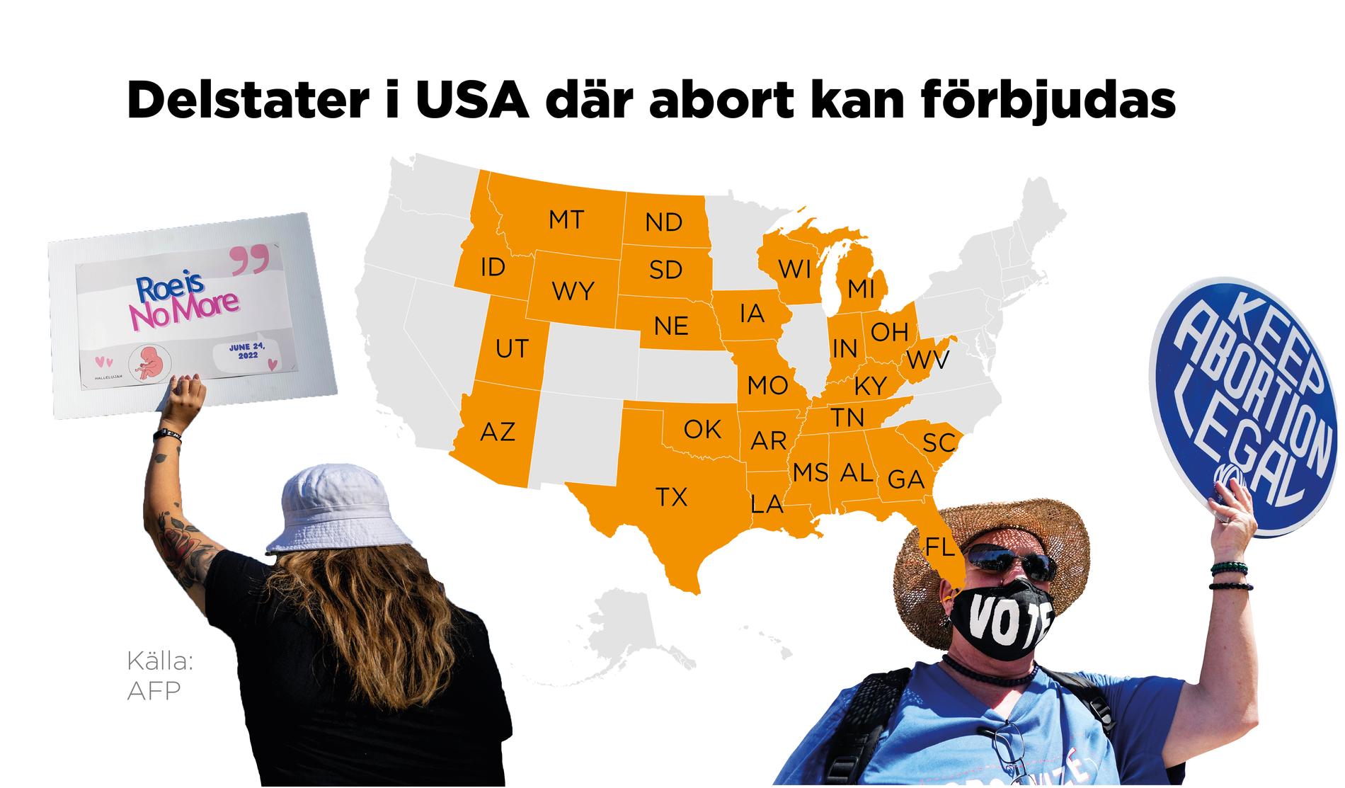 Karta över delstater i USA där abort snart kan vara förbjuden.