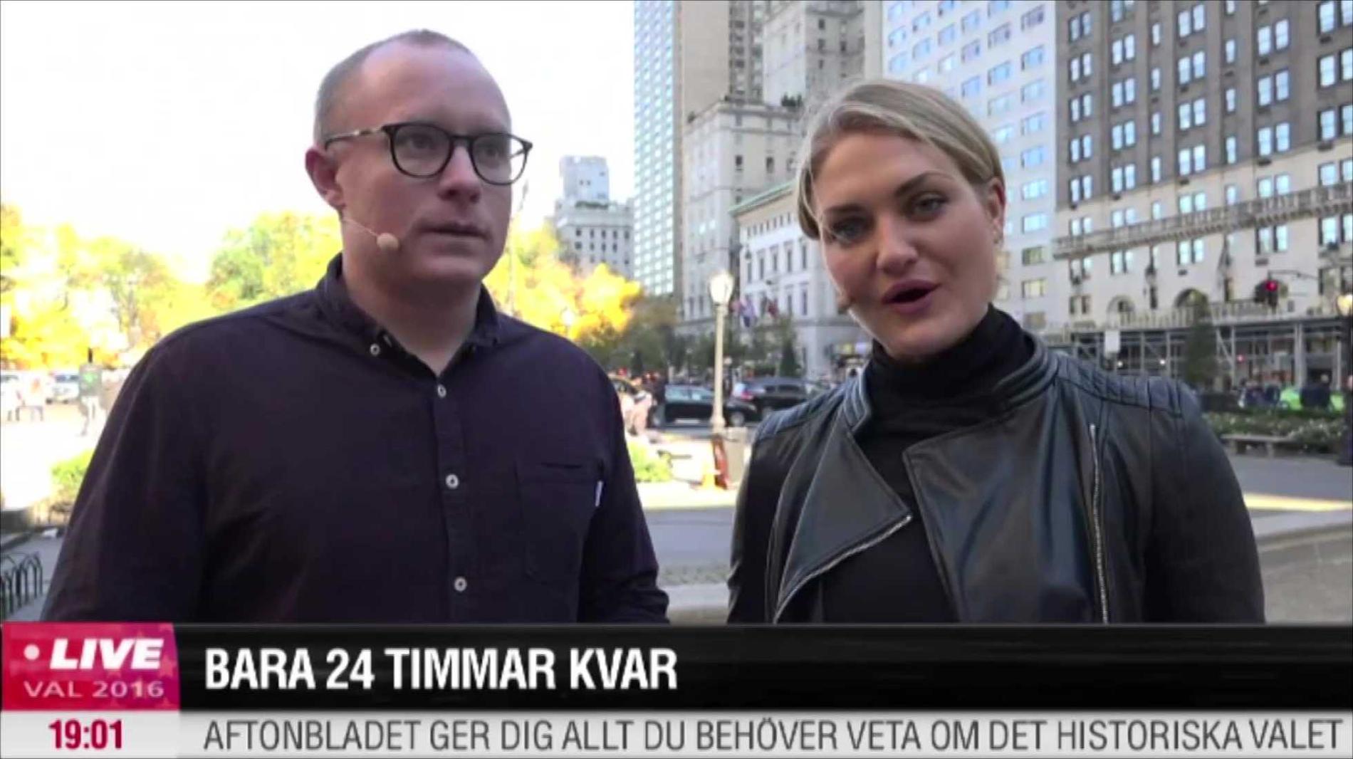 Aftonbladets Gustaf Tronarp och Matilda Wennerholm under en sändning från New York.