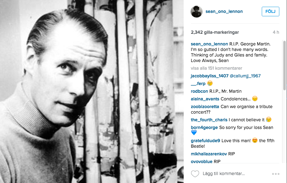 John Lennon Yoko Onos son Sean skrev ett inlägg på Instagram efter den nyheten.