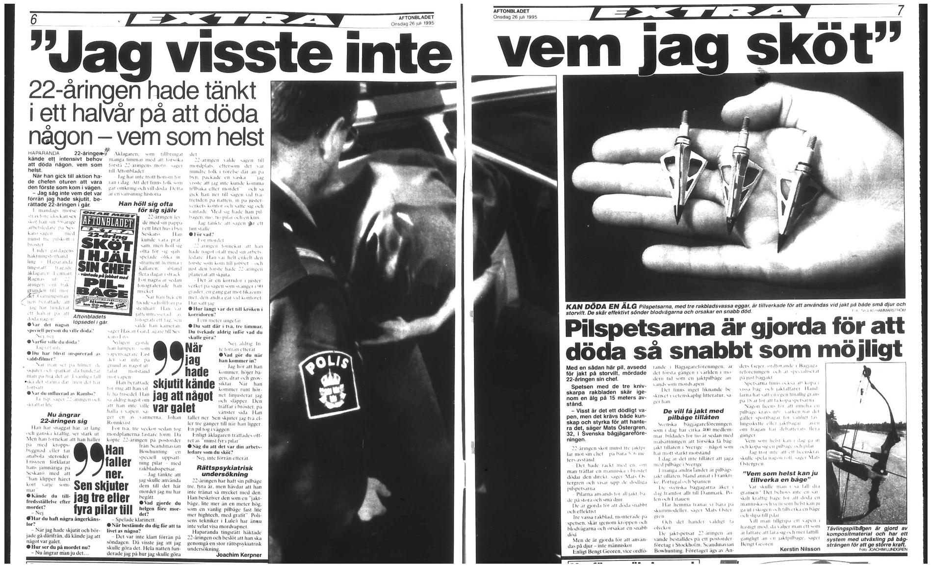 Aftonbladets artikel om pilbågsmordet i Seskarö 26 juli 1995.