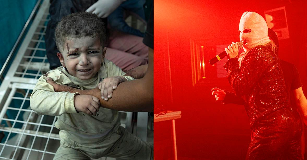Till vänster en palestinsk pojke, skadad i israeliska attacker, som tas emot på ett sjukhus i Gaza. Till höger Fröken Snusk som deltar i Melodifestivalen, kvalet till årets Eurovision song contest. 