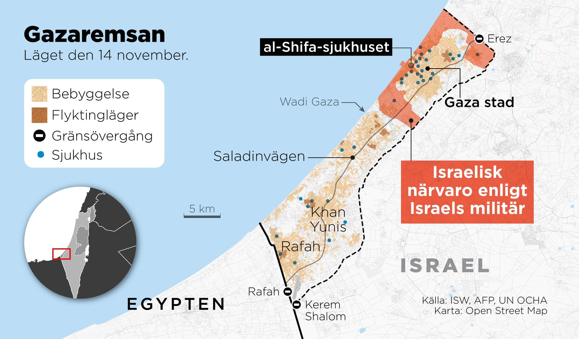 Kartan visar den omringning av Gaza stad som den israeliska militären påstår sig ha genomfört.