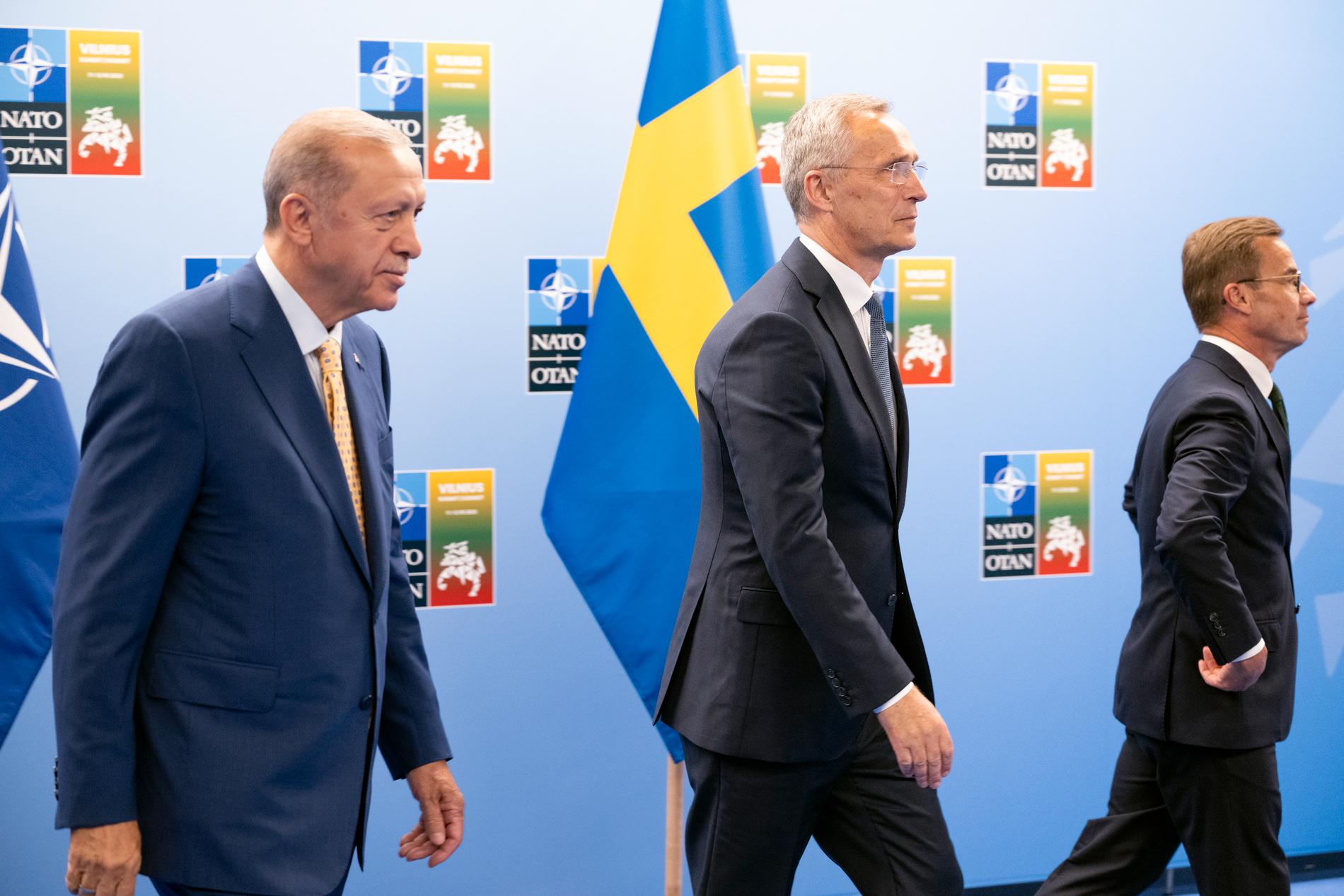 President Recep Tayyip Erdogan tillsammans med Natos generalsekreterare Jens Stoltenberg och statsminister Ulf Kristersson i Vilnius 2023.