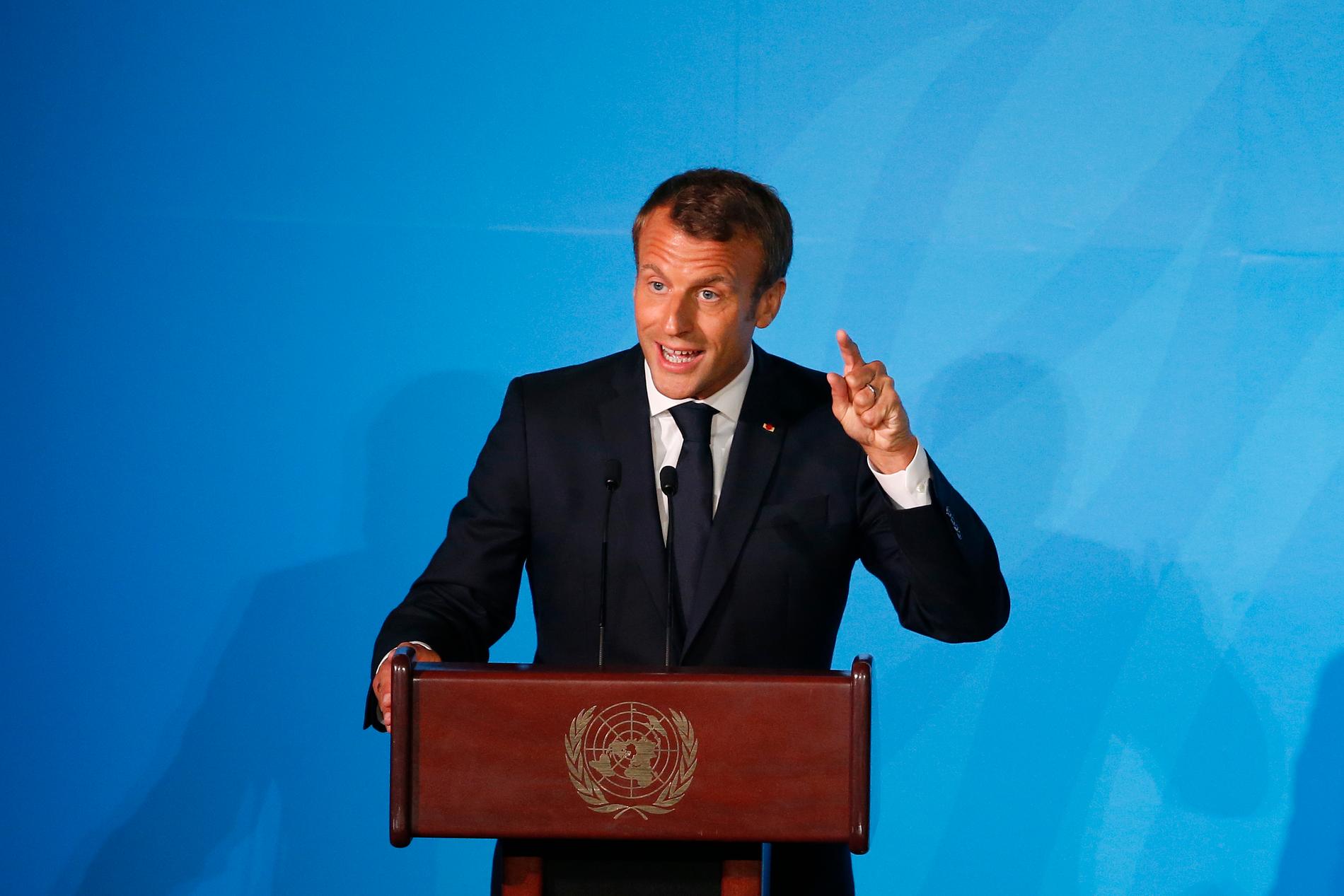 Frankrikes president Emmanuel Macron. Bilden är från FN:s klimatmöte i New York. Arkivbild.