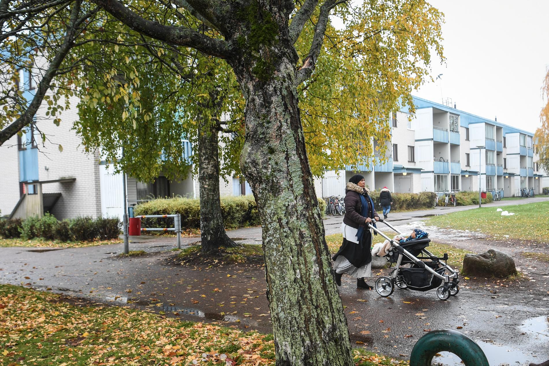 Kvinna med barnvagn i bostadsområdet Tjärna ängar i Borlänge. Statsminster Stefan Löfven (S) besökte på onsdagen Tjärna ängar och gjorde en rundvandring.