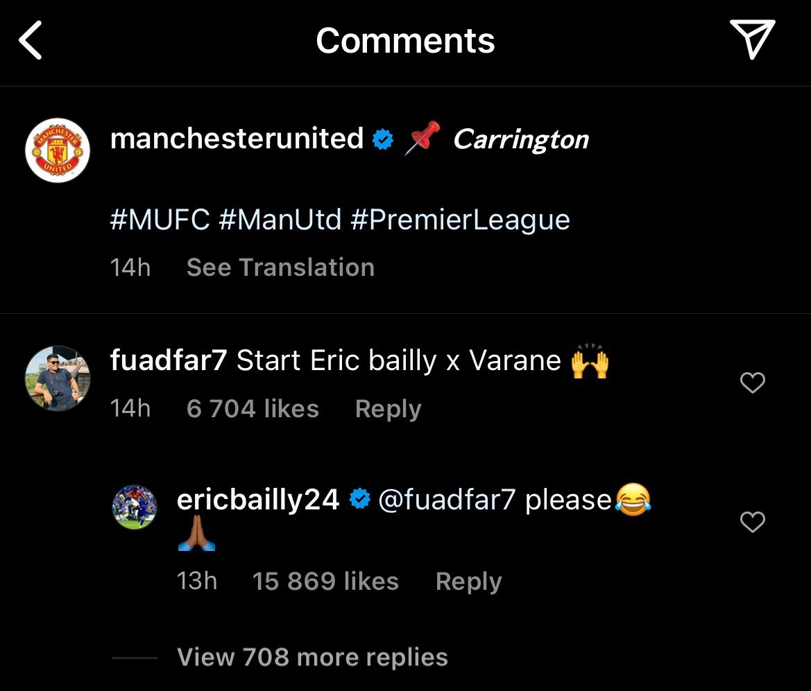 Eric Baillys kommentar på Man Uniteds Instagram. 